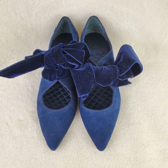 Tory Burch Navy Blue Suede Leather Velvet Bow Clara Ballet Flat Size 6M - Picture 3 of 12